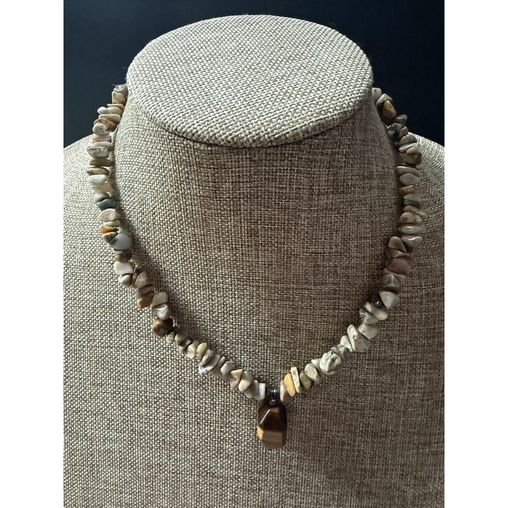 Tigers Eye Statement Necklace Beaded Chip Artisan Chunky 19” Sterling Clasp Boho